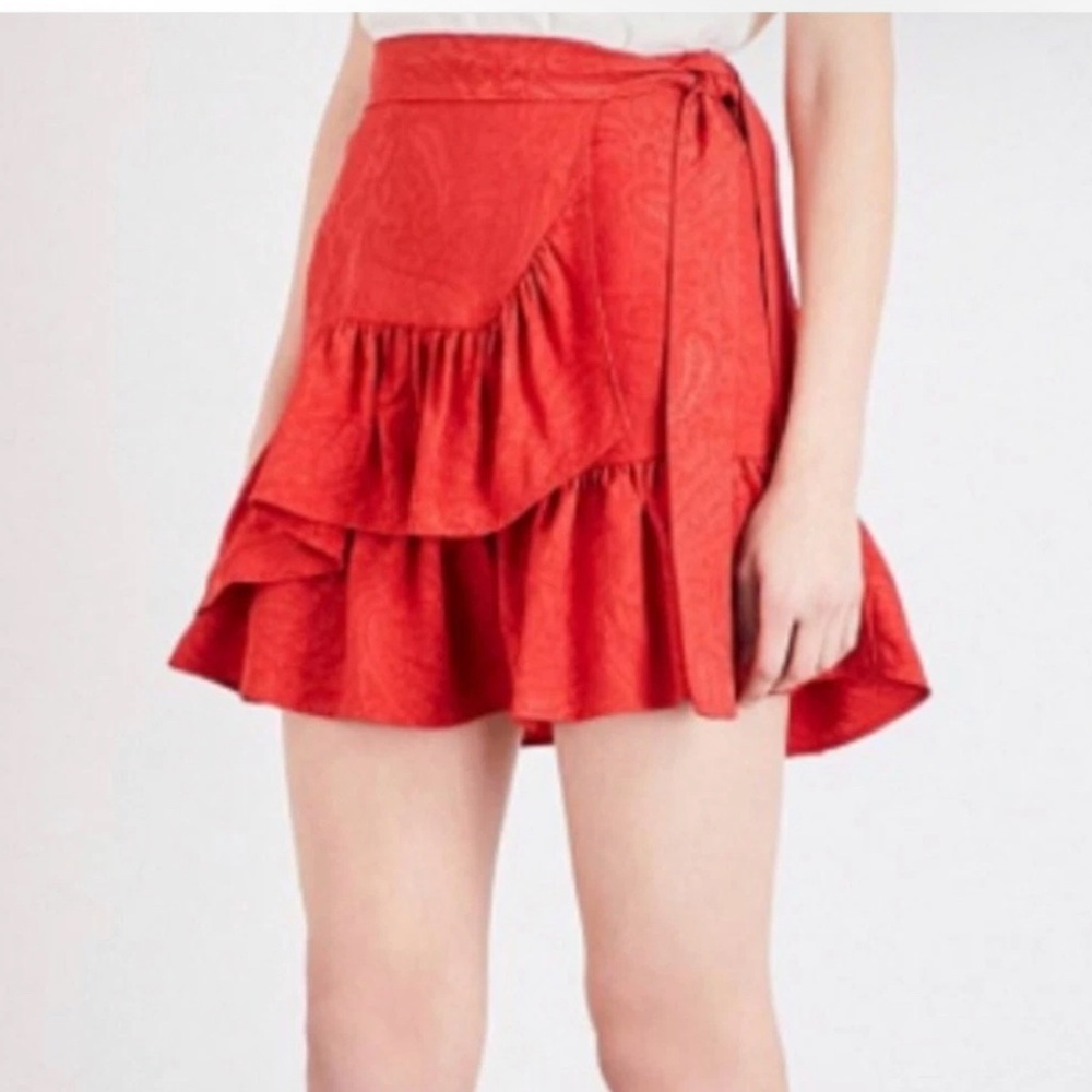 Maje Jahima Jacquard Red Wrap Ruffle Mini Skirt Size EU 36 US Small